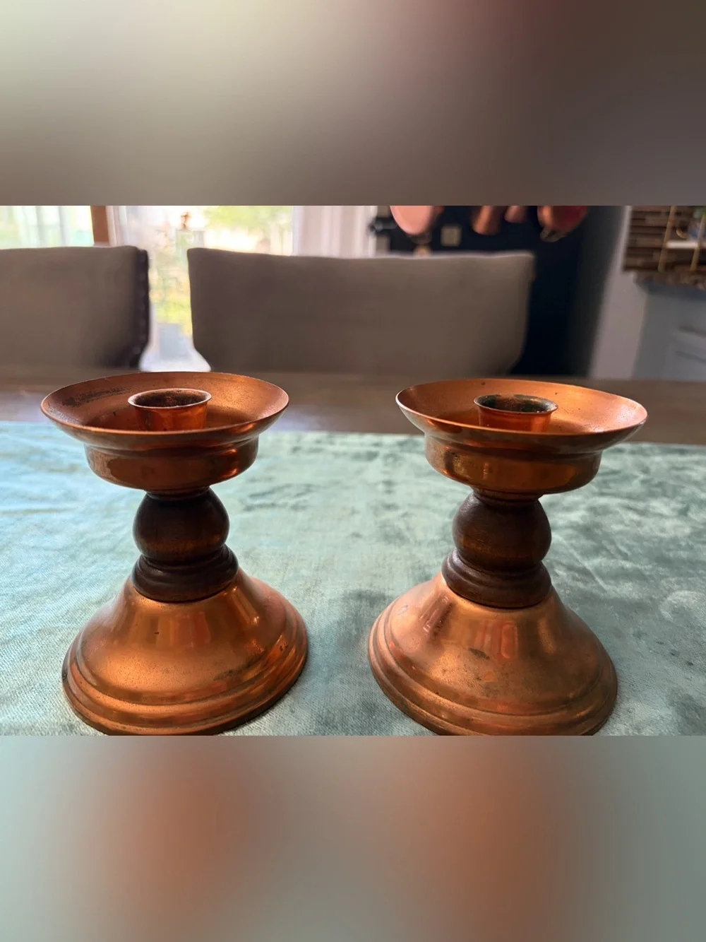 Copper Tone Wooden Base Candle Holders - Pair